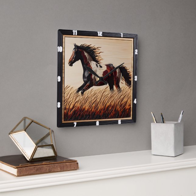 Trot Paint: Custom Wood Field Sun Square Wall Clock (Office)