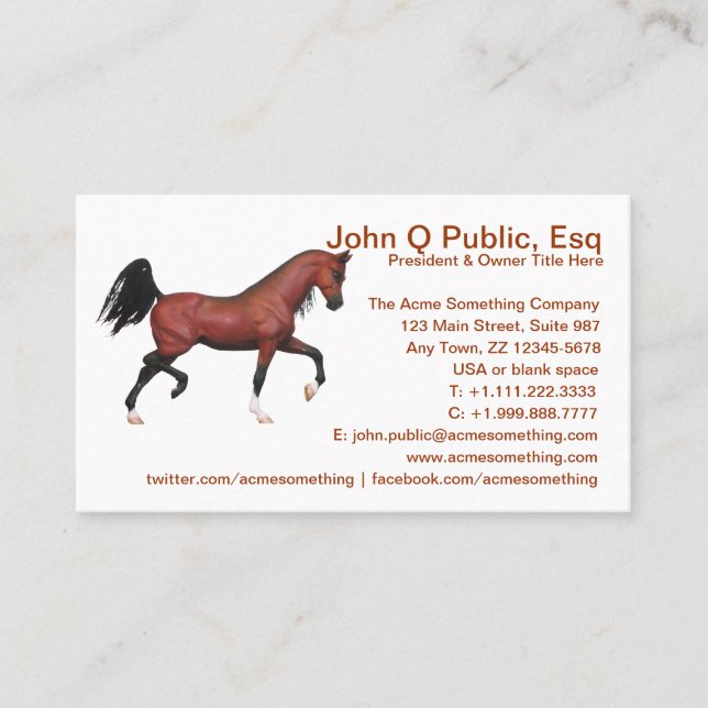 Trotting Bay Arabian Horse Farm Riding School Business Card (Front)