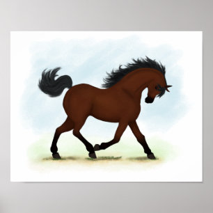 Trotting Bay Horse Equestrian Pony Poster