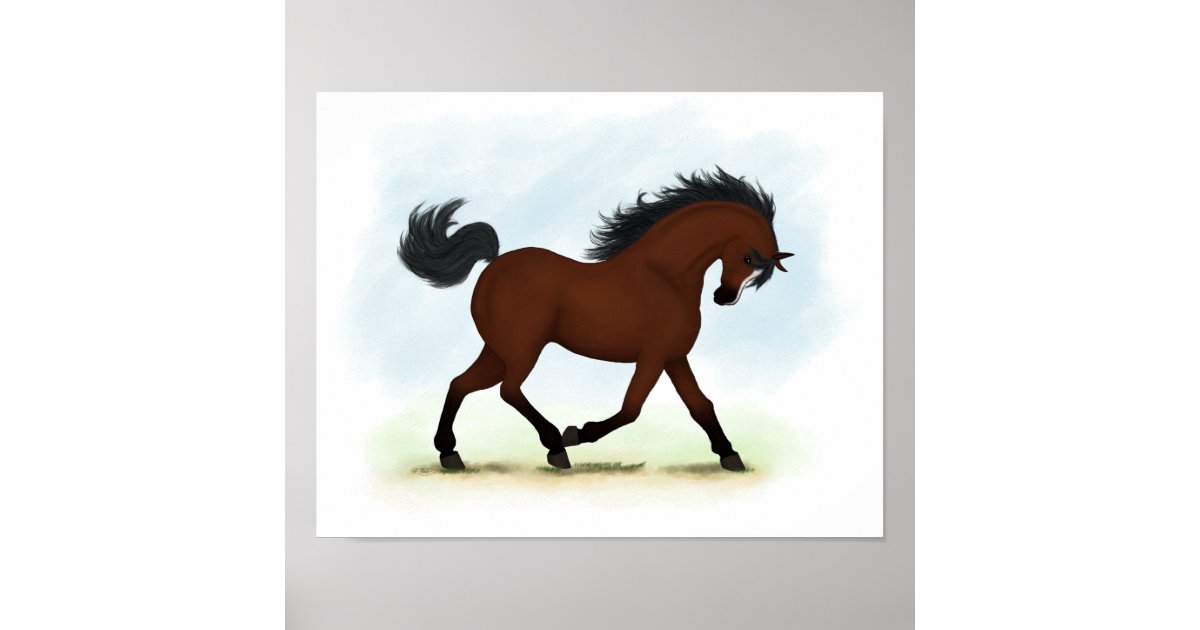Trotting Bay Horse with Blaze Equestrian Poster
