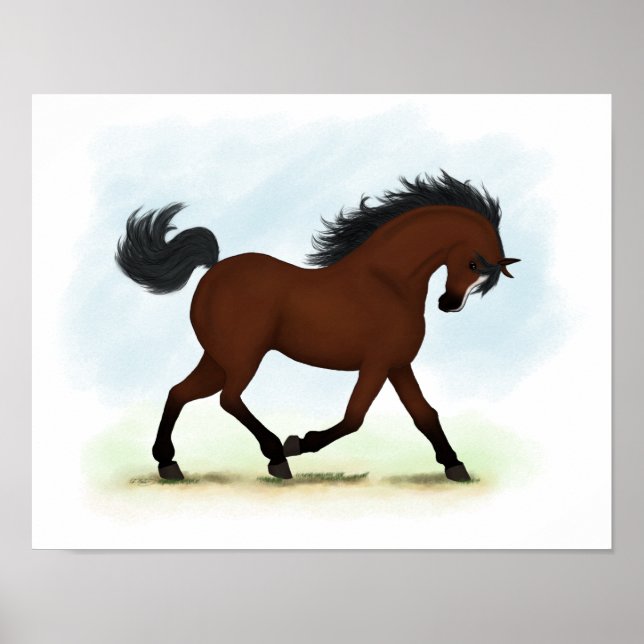 Trotting Bay Horse with Blaze Equestrian Poster (Front)