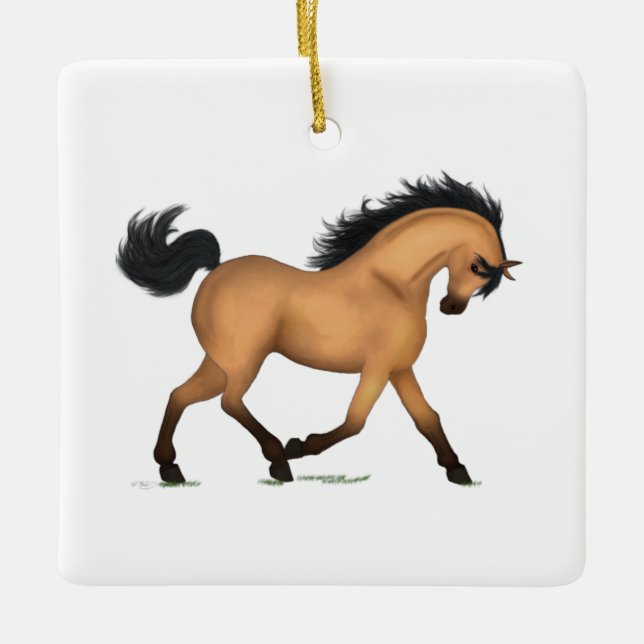 Trotting Buckskin Dun Horse Personalized Christmas Ceramic Ornament (Front)