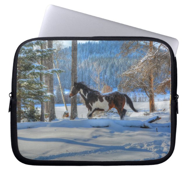 Trotting Pinto Paint Stallion & Winter Snows Laptop Sleeve (Front)