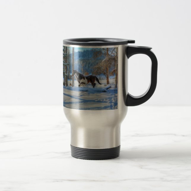 Trotting Pinto Paint Stallion & Winter Snows Travel Mug (Right)