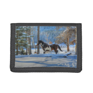 Trotting Pinto Paint Stallion & Winter Snows Tri-fold Wallet