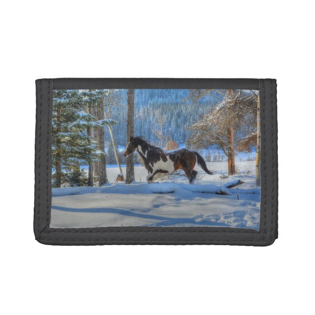 Trotting Pinto Paint Stallion & Winter Snows Trifold Wallet (Front)