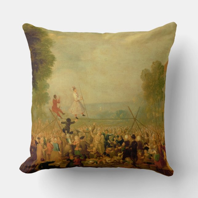 Troupe of Actors Performing on a Tightrope Throw Pillow (Front)