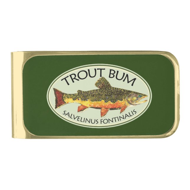 Trout Bum Fisherman, Angler Gold Finish Money Clip (Front)