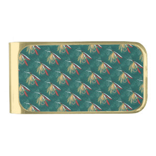 "Trout Fin" Trout Fly tiled wet fly on green       Gold Finish Money Clip