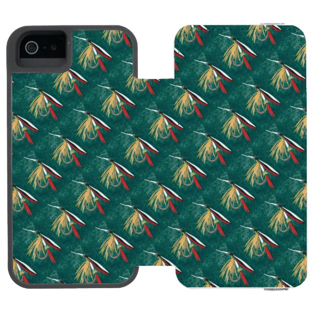 "Trout Fin" Trout Fly tiled wet fly on green       Incipio iPhone Wallet Case (Folio Open)