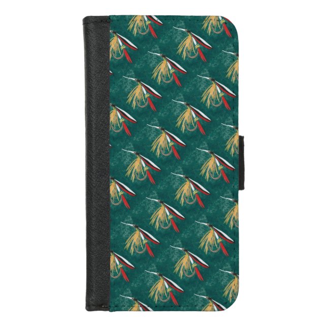 "Trout Fin" Trout Fly tiled wet fly on green       iPhone Wallet Case (Front)