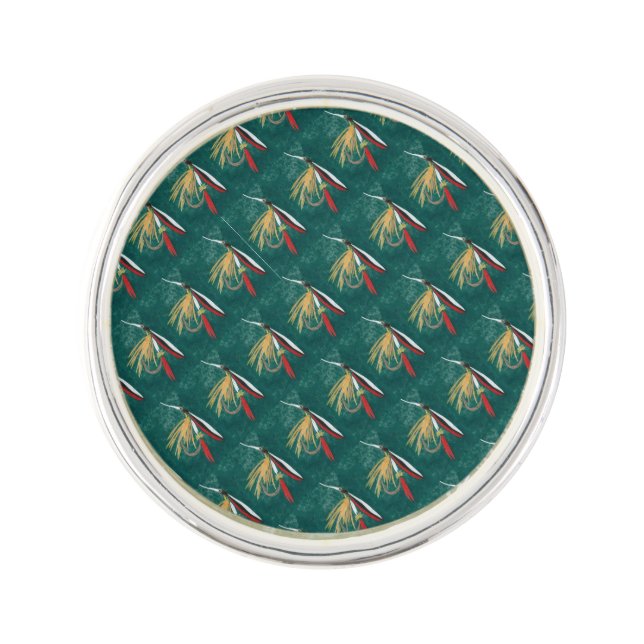 "Trout Fin" Trout Fly tiled wet fly on green       Lapel Pin (Front)