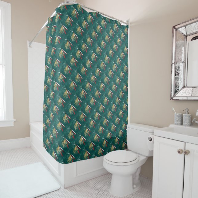 "Trout Fin" Trout Fly tiled wet fly on green Shower Curtain (In Situ)