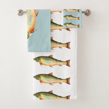 Trout Fish Pattern On Blue And White Bath Towel Set