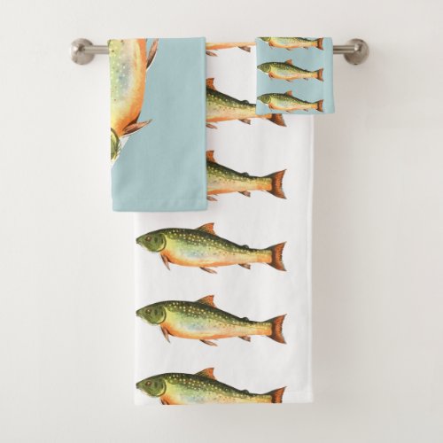 Trout Fish Pattern on Blue and White Bath Towel Set