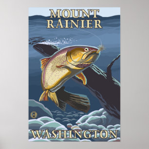 Trout Fishing Cross-Section - Mount Rainier, Poster