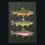 Trout Fishing Kitchen Towel<br><div class="desc">Design features 3 trout: the Brook Trout,  salvelinus fontinalis; the Brown Trout,  salmo trutta; and,  the Rainbow Trout,  oncorhynchus mykiss. Makes a unique gift for fans of fishing and ichthyology who love to search for these beautiful fish.</div>