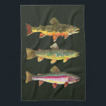 Trout Fishing Kitchen Towel<br><div class="desc">Design features 3 trout: the Brook Trout,  salvelinus fontinalis; the Brown Trout,  salmo trutta; and,  the Rainbow Trout,  oncorhynchus mykiss. Makes a unique gift for fans of fishing and ichthyology who love to search for these beautiful fish.</div>