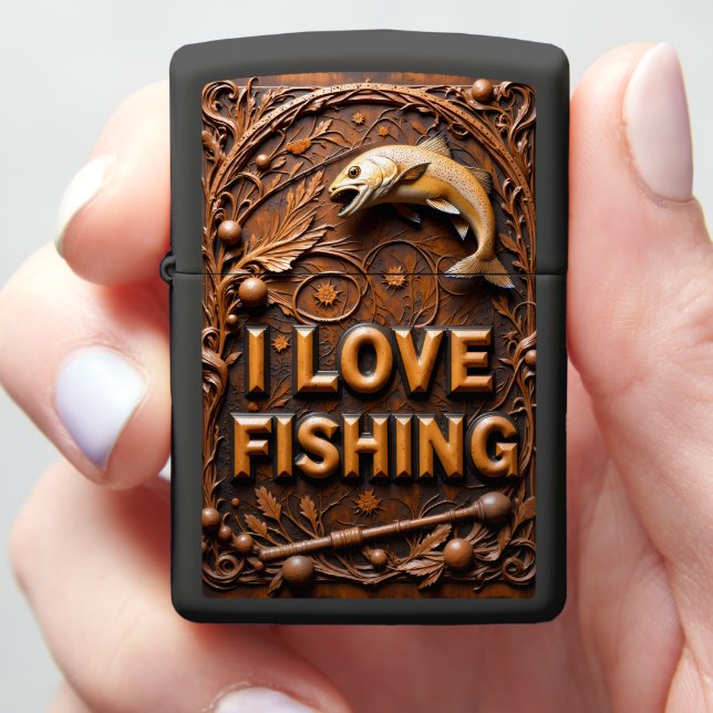 Trout Fishing Ornate Wood Zippo Lighter (In Hand)