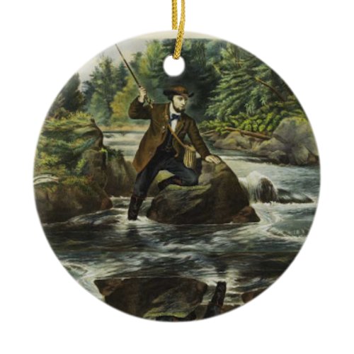 Trout fishing print by Currier and Ives Ceramic Ornament