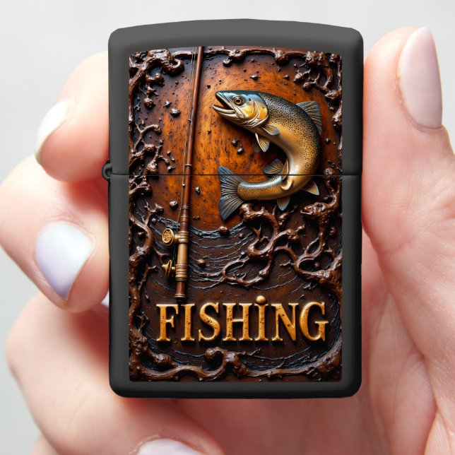 Trout Fishing Rod Design Zippo Lighter (In Hand)