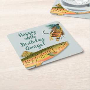 Trout Fly Fishing Adult Birthday Personalized Square Paper Coaster