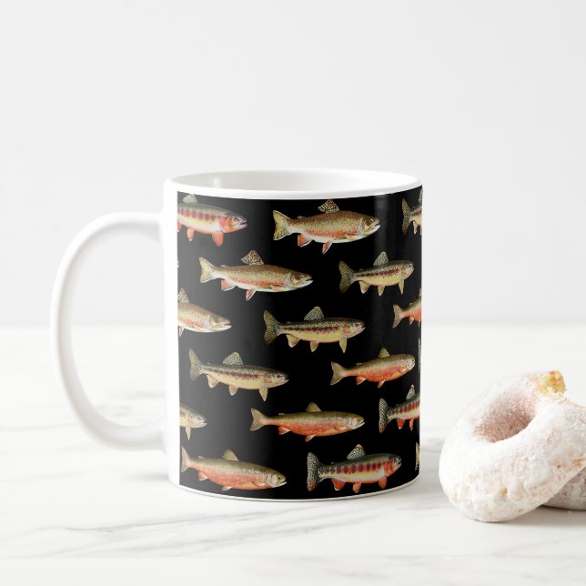 Trout Galore Black Fishing Coffee Mug (With Donut)