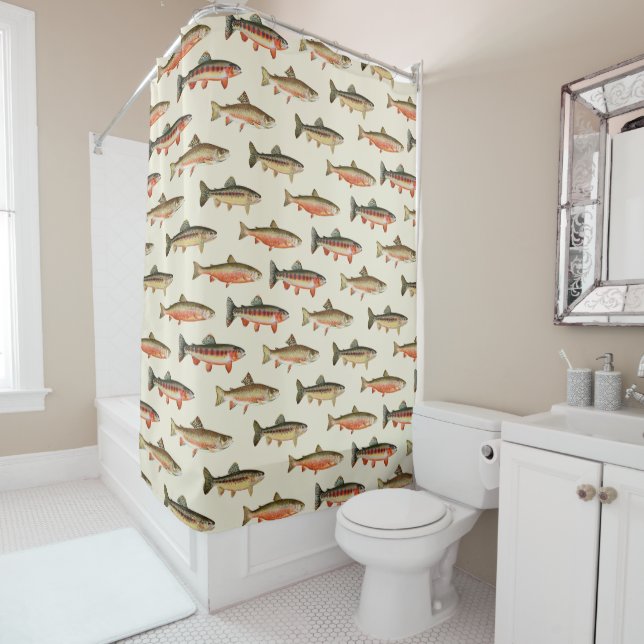 Trout Galore Fishing Cream Shower Curtain (In Situ)