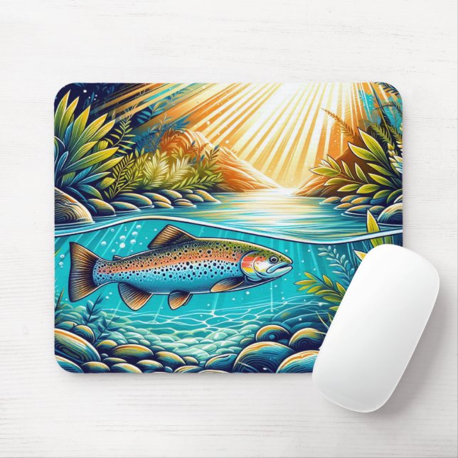  Trout in Crystal Clear River Beneath Lush Forest  Mouse Pad (With Mouse)