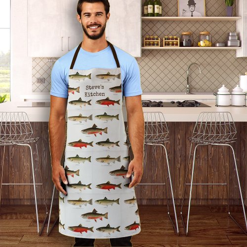 Trout Pattern Personalized Name Long Kitchen Apron