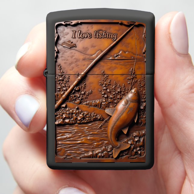 Trout River Bank Scene Zippo Lighter (In Hand)