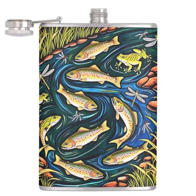 Trout Stream Harmony – Folk Art Fish, Frogs Flask (Opened)