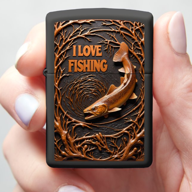 Trout Vortex Ornate Wood Zippo Lighter (In Hand)