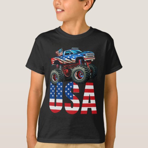 Truck American Flag July 4th Usa Racing For Boys  T_Shirt