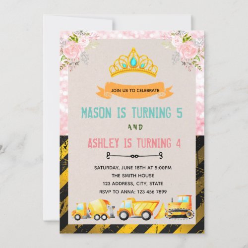 Truck and tiaras birthday party invitation