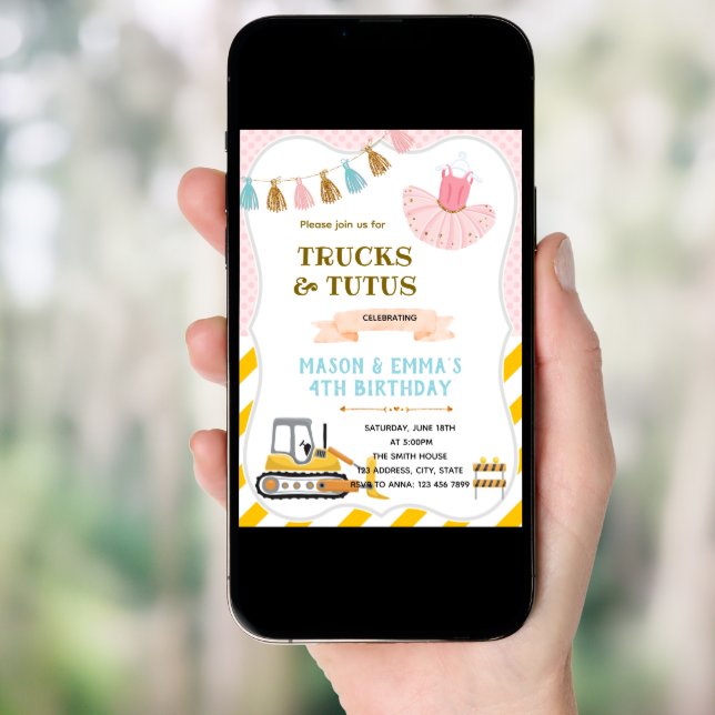 Truck and tutus joint birthday party invitation (Front Digital)