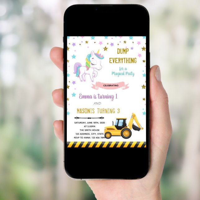 truck and unicorn joint birthday invitation (Front Digital)