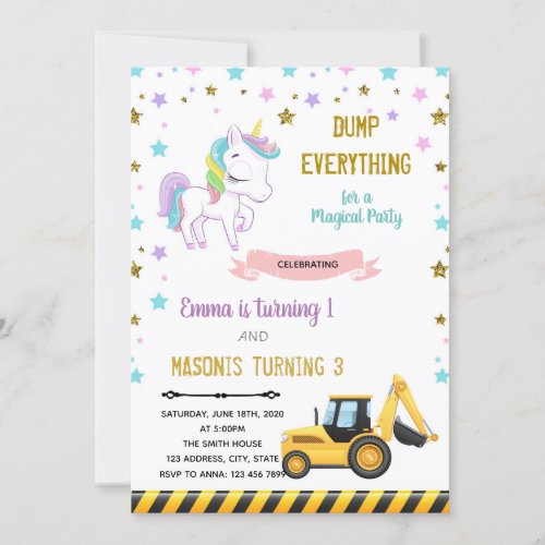 truck and unicorn joint birthday invitation
