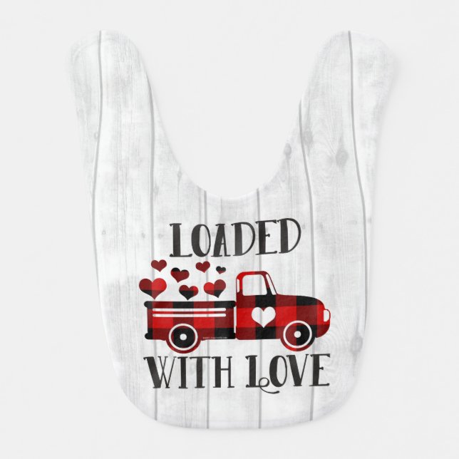 Truck Buffalo Plaid Heart Valentine's Day Boys Baby Bib (Front)