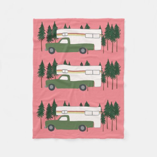 Truck Camping RVing Motorhome Trees Pink Fleece Blanket