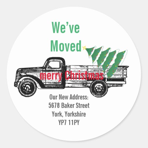 Truck Christmas Tree Weve Moved Announcement  Classic Round Sticker