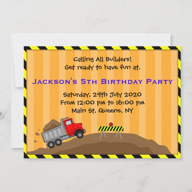 Truck Construction Birthday Invitation (Front)