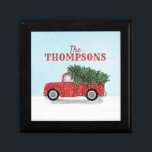 Truck Cute Christmas Tree Snow Personalized Gift Box<br><div class="desc">Rustic Vintage Red Truck with a Freshly Cut Christmas Tree in the bed of the truck driving in the snow. A classic cute winter scene depicting a familiar family tradition. A great personalized design for Holiday and Christmas home decor as well as a wonderful gift Idea.</div>