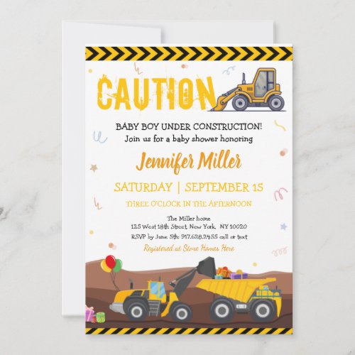 Truck Digger Under Construction Baby Birthday Invitation