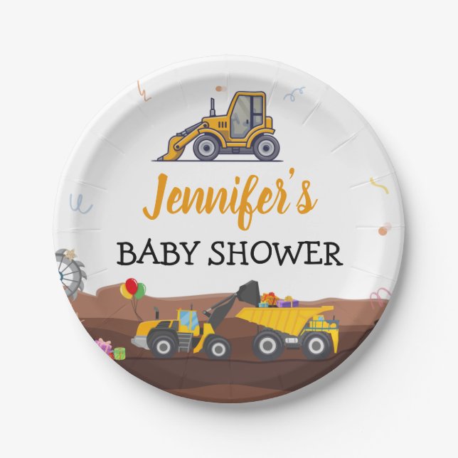 Truck Digger Under Construction Baby Birthday Paper Plates (Front)