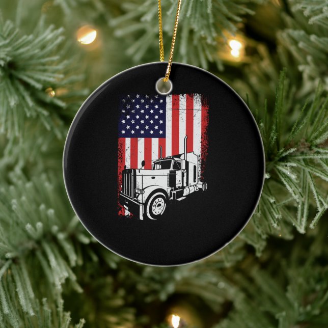 Truck Driver American Flag Trucker Gift Ceramic Ornament (Tree)