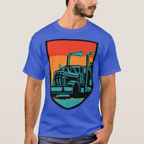 Truck Driver Trucker 18 Wheeler Retro Sunset Shiel T_Shirt