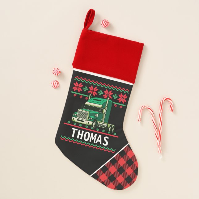 Truck Driver Ugly Christmas Sweater Red Plaid Stocking (Front)