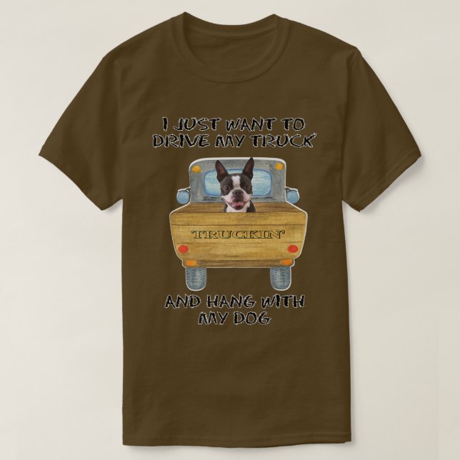 Truck Driving Dog Boston Terrier  T-Shirt (Design Front)