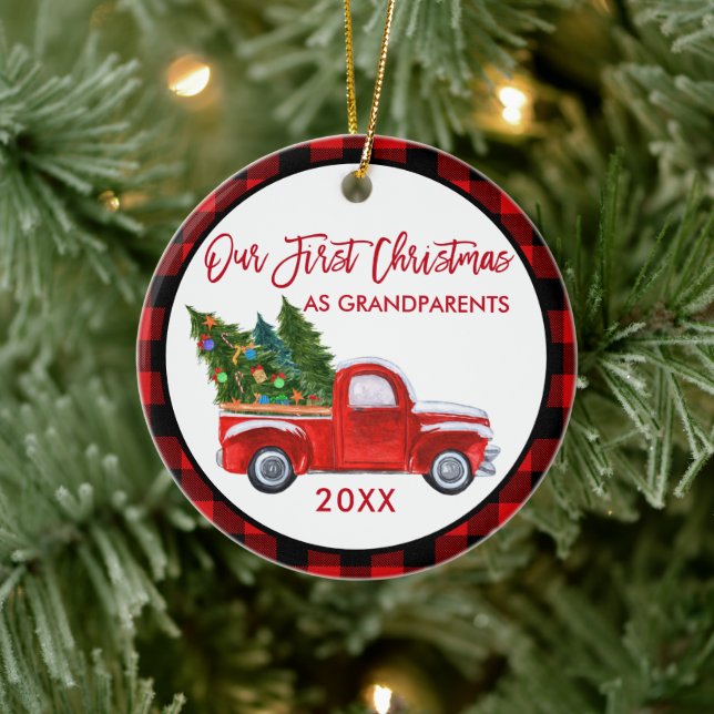 Truck First Christmas as Grandparents Red Plaid Ceramic Ornament (Tree)